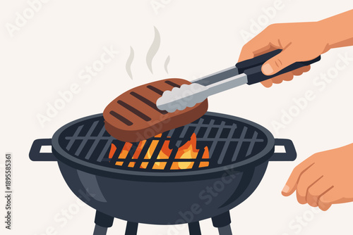 Hand turning a piece of juicy steak on a hot charcoal grill over burning flames