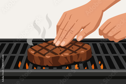 Hand testing grilled steak for doneness on hot bbq with smoke and flames