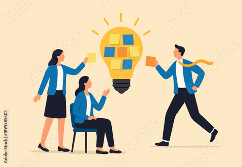 Ideation, brainstorming to gather new idea, effective meeting discussion, team members discover solution, scrum concept, business people brainstorm with sticky notes combined to bright lightbulb idea.