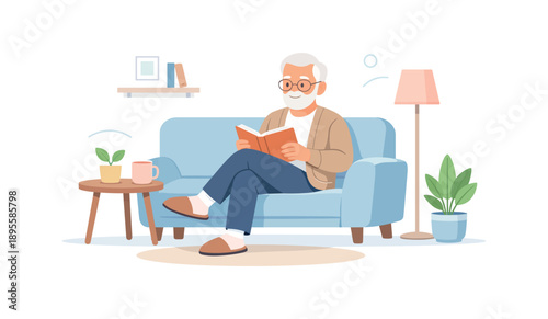 Elderly man reading on sofa in cozy living room, flat vector illustration