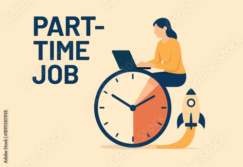 Part-time job, work tracking system, day planning or time management, side hustle or office work deadline, start and end time schedule concept, businesswoman working with laptop on split time clock.
