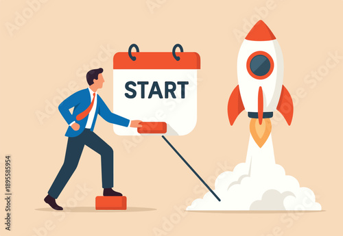  Start new business, quit full time job, startup launch company or product, begin innovative project, entrepreneur start small company concept, businessman launch rocket with calendar start date.
