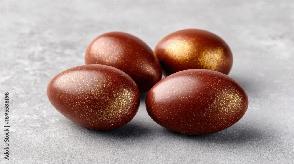 Obraz premium Close-Up of Four Chocolate Eggs with Shimmering Gold Detail on Gray Surface for Easter or Seasonal Celebration Ideas