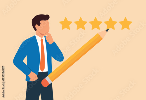 Evaluation or satisfaction feedback, performance rating or customer review, giving stars quality result, rate the service concept, thoughtful businessman holding pencil to evaluate star feedback.