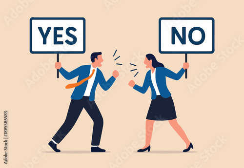  Yes, No argument or disagreement, conflict fight debate, dilemma, dispute or office rivalry war, struggle, negative discussion concept, businessman and woman arguing or fight with yes and no sign.