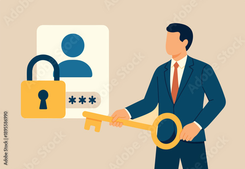 Strong password for cyber security, high protection and safety for login account, secure data privacy, online authentication concept, businessman hold key with user account lock with strong lock pad