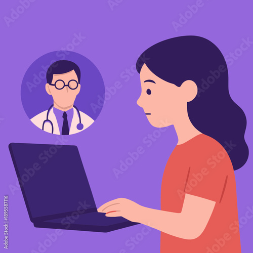 Teenage Girl Talking to Online Therapist Flat Illustration