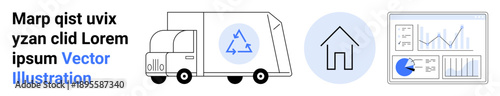 Delivery truck with recycling logo, minimalist home icon, analytics chart. Ideal for eco-transport, sustainability, housing, smart city, technology, recycling simple landing page
