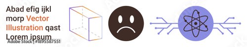Science, education, communication, emotions, technology, abstract design. A cube, sad face and atomic symbol are . Science and education concepts are in the design