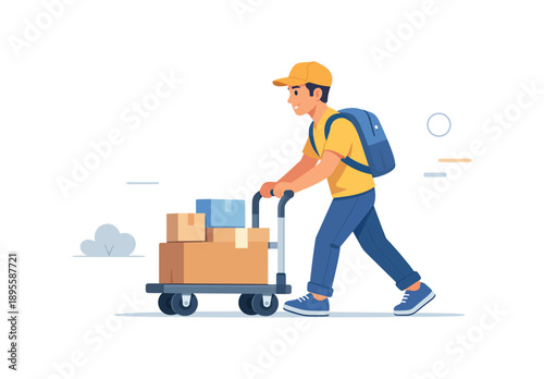 Courier delivering boxes with a trolley, flat vector illustration