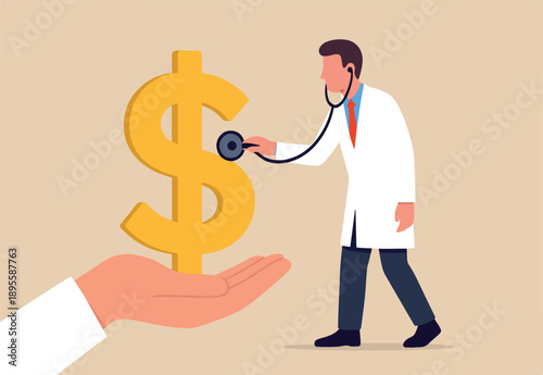 Financial checkup, diagnose income, expense and investment plan, wealth management or insurance concept, doctor using stethoscope to check on dollar money sign.