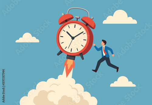 Time to start new business, entrepreneurship to launch project or time management concept, ringing alarm clock with rocket booster successfully launching high into the sky.