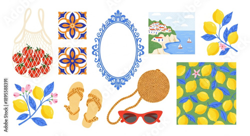 Mediterranean Summer Collection Zesty lemons, vibrant Italian tiles, picturesque coastal villages, and essential travel accessories for a perfect vacation