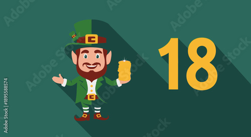 Cartoon Leprechaun Holding Beer Mug and Number 18.