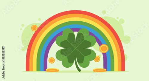 Clover Leaf on Rainbow Illustration.