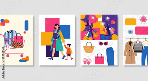Shopping day Vibrant Vector Illustrations of Modern Lifestyle, Dynamic Shopping Experiences, Fashionable Women, and Family Moments