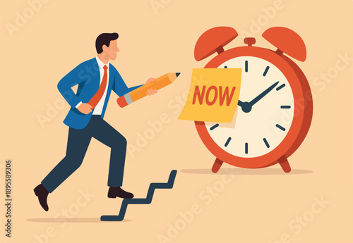  Stop procrastination, do it now or decision to finish work or appointment in time concept, confidence businessman holding pencil after he wrote the word Now on note and stick it on ringing alarm cloc