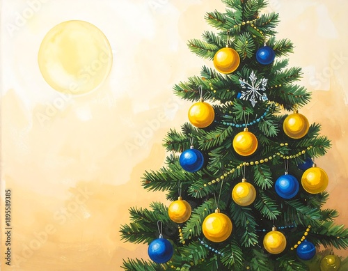 Painted Christmas tree with blue and gold ornaments against a blurred yellow background