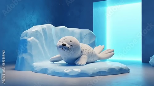 Adorable Baby Seal Resting on Ice in a Serene Blue Arctic Environment.