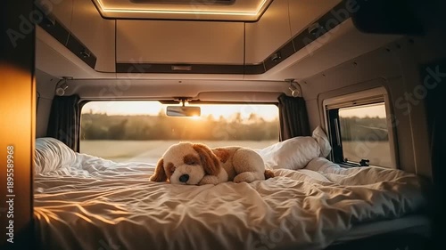Adorable Beagle Puppy Sleeping Peacefully on a Comfortable Bed Inside a Camper Van at Sunset.