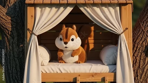 Adorable Chipmunk Plush Toy Resting in a Cozy Treehouse.