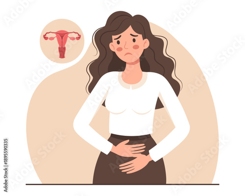 Sad woman with menstrual pain and uterine health issues. Healthcare and medicine illustration.