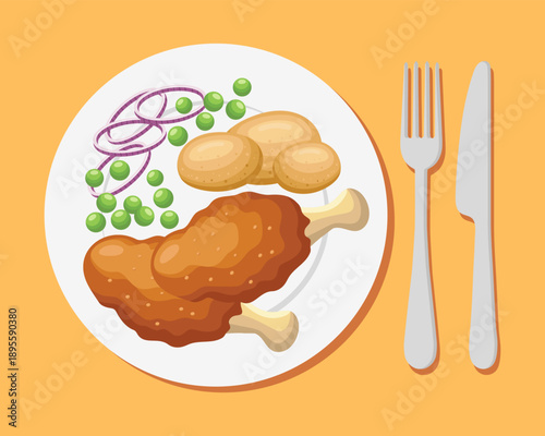 Delicious dish of fried chicken with peas and potatoes. Food illustration.