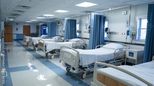 hospital ward with empty beds, blue privacy curtains, and clinical lighting