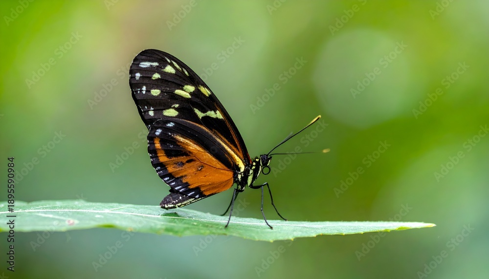 Fototapeta premium A butterfly, orange and black, rests on a leaf against a bokeh green backdrop, focused in vibrant natural light
