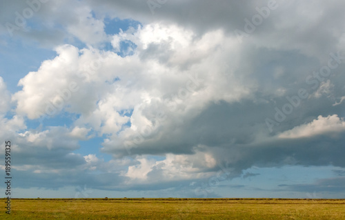 Beautiful sky, white fluffy clouds, multilayered and varied, sun and blue sky. A majestic view.