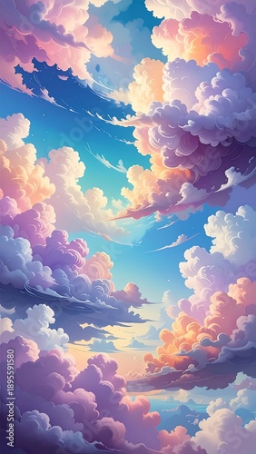 Painterly sky filled with fluffy, pastel clouds; vibrant blue sky visible between puffs