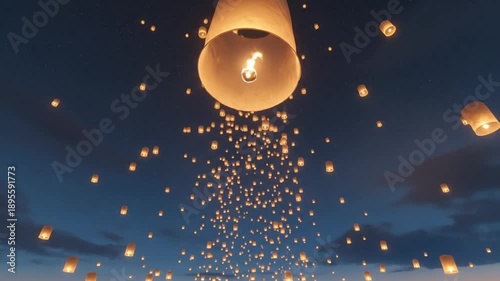 Sky Lanterns Floating Upwards at Dusk