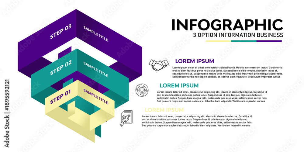 Fototapeta premium Vector 3D ribbon-shaped infographic with 3 steps. For business process presentation information templates. Infographic with 3-step option processes. Editable vector.