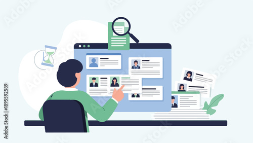 Professional reviewing multiple candidate profiles and resumes on a computer screen for hiring.