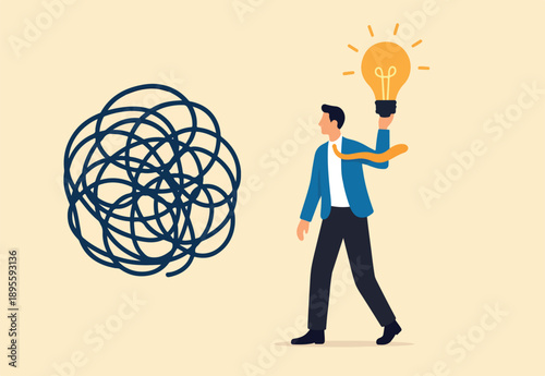 Solving complex problem, challenge to get answer on hard difficult question, resolution or result, success solving problem in tough messy, businessman hold lightbulb answer on complicated messy.