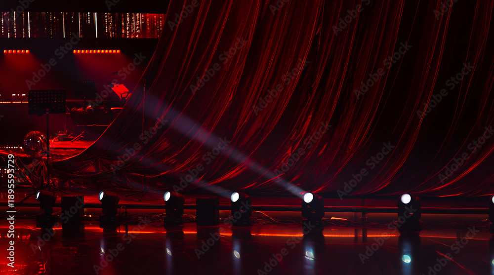 Fototapeta premium colorful abstract background with empty concert stage with red curtains and spotlights