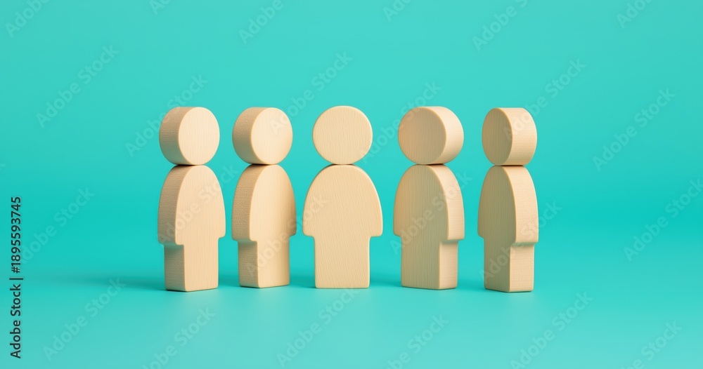 Fototapeta premium Wooden figures representing people standing in a united row, symbolizing community, teamwork, and organization