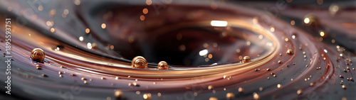 Abstract, macro image captures a smooth, swirling liquid vortex with a dark center, the golden and copper-toned surface of which is covered in numerous small, highly reflective droplets