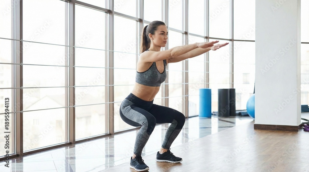 Fototapeta premium Young woman in athletic wear doing squats in a modern gym, focused and determined atmosphere, fitness and health concept with bright natural lighting