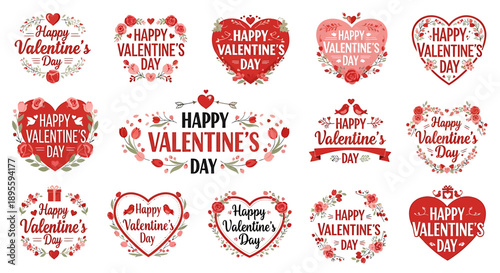 Festive collection of Valentine's Day vector badges and labels featuring hearts, floral elements, and romantic typography, ideal for greetings, invitations, and holiday promotions