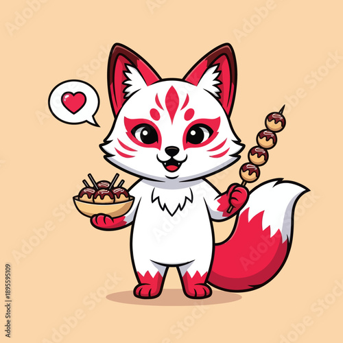 Cute White Chibi Kitsune Fox Eating Takoyaki Japanese Street Food, Mythical Inari Spirit Mascot with Heart Speech Bubble, Minimalist Vector Illustration for Stickers and Food Graphic Design