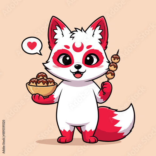 Cute White Chibi Kitsune Fox Eating Takoyaki Japanese Street Food, Mythical Inari Spirit Mascot with Heart Speech Bubble, Minimalist Vector Illustration for Stickers and Food Graphic Design
