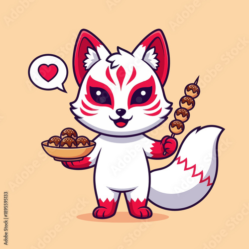 Cute White Chibi Kitsune Fox Eating Takoyaki Japanese Street Food, Mythical Inari Spirit Mascot with Heart Speech Bubble, Minimalist Vector Illustration for Stickers and Food Graphic Design