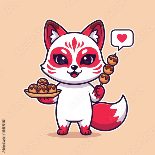 Cute White Chibi Kitsune Fox Eating Takoyaki Japanese Street Food, Mythical Inari Spirit Mascot with Heart Speech Bubble, Minimalist Vector Illustration for Stickers and Food Graphic Design