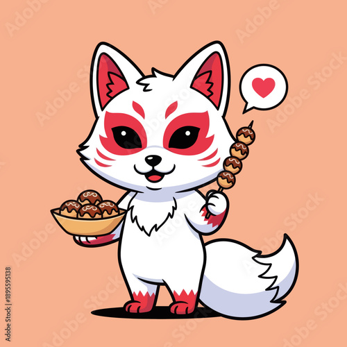Cute White Chibi Kitsune Fox Eating Takoyaki Japanese Street Food, Mythical Inari Spirit Mascot with Heart Speech Bubble, Minimalist Vector Illustration for Stickers and Food Graphic Design
