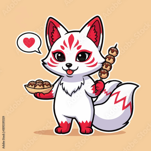Cute White Chibi Kitsune Fox Eating Takoyaki Japanese Street Food, Mythical Inari Spirit Mascot with Heart Speech Bubble, Minimalist Vector Illustration for Stickers and Food Graphic Design