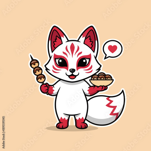 Cute White Chibi Kitsune Fox Eating Takoyaki Japanese Street Food, Mythical Inari Spirit Mascot with Heart Speech Bubble, Minimalist Vector Illustration for Stickers and Food Graphic Design