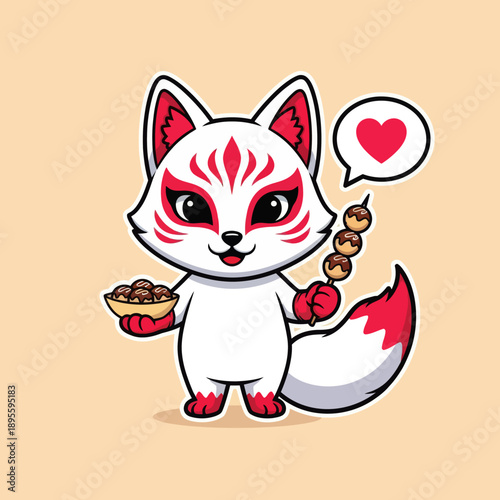 Cute White Chibi Kitsune Fox Eating Takoyaki Japanese Street Food, Mythical Inari Spirit Mascot with Heart Speech Bubble, Minimalist Vector Illustration for Stickers and Food Graphic Design