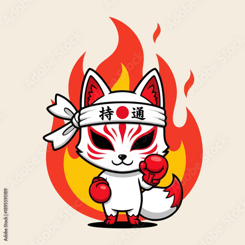 Cute White Chibi Kitsune Fox Boxer with Red Boxing Gloves and Fire Background, Japanese Spirit Animal Fighter with Hachimaki Headband, Warrior Mascot Vector Illustration for Sport and Stickers