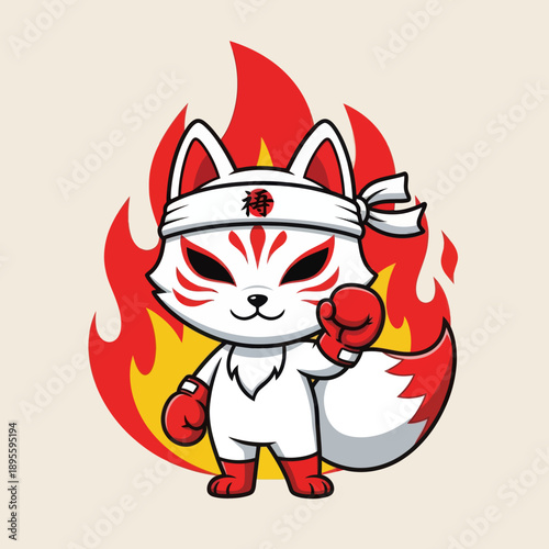 Cute White Chibi Kitsune Fox Boxer with Red Boxing Gloves and Fire Background, Japanese Spirit Animal Fighter with Hachimaki Headband, Warrior Mascot Vector Illustration for Sport and Stickers